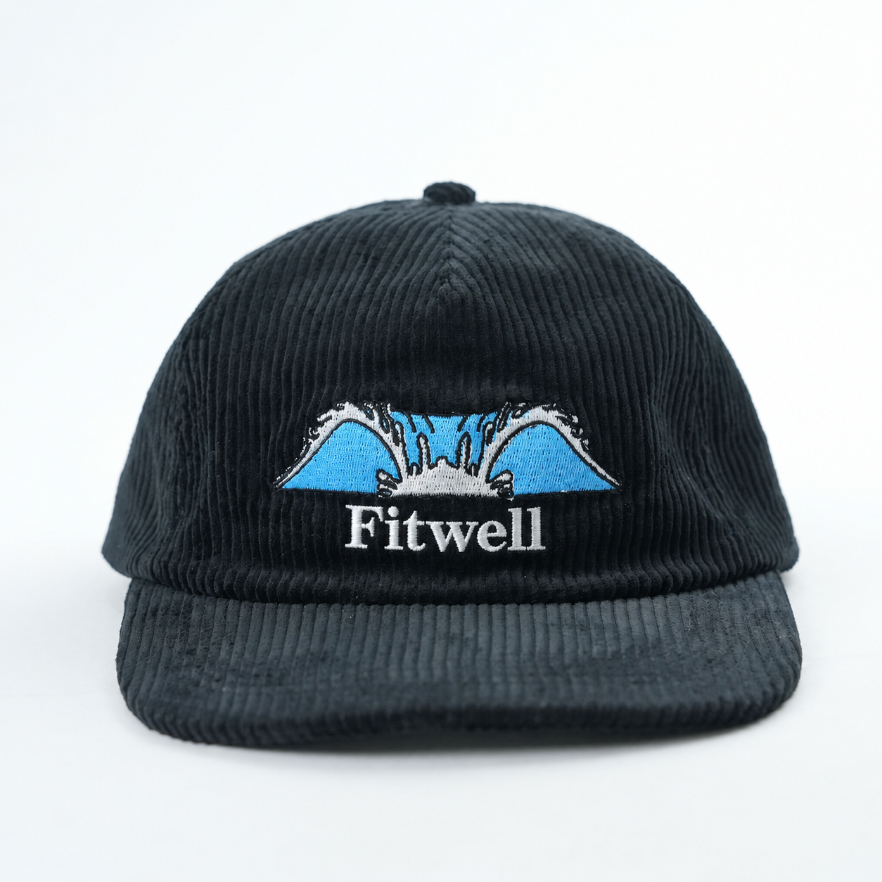 Black Corduroy Ocean Wave Embroidered Five-Panel Snapback Cap