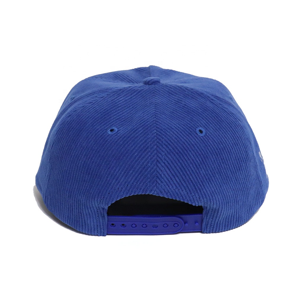 Blue Corduroy Embroidered Flat Brim Snapback Cap