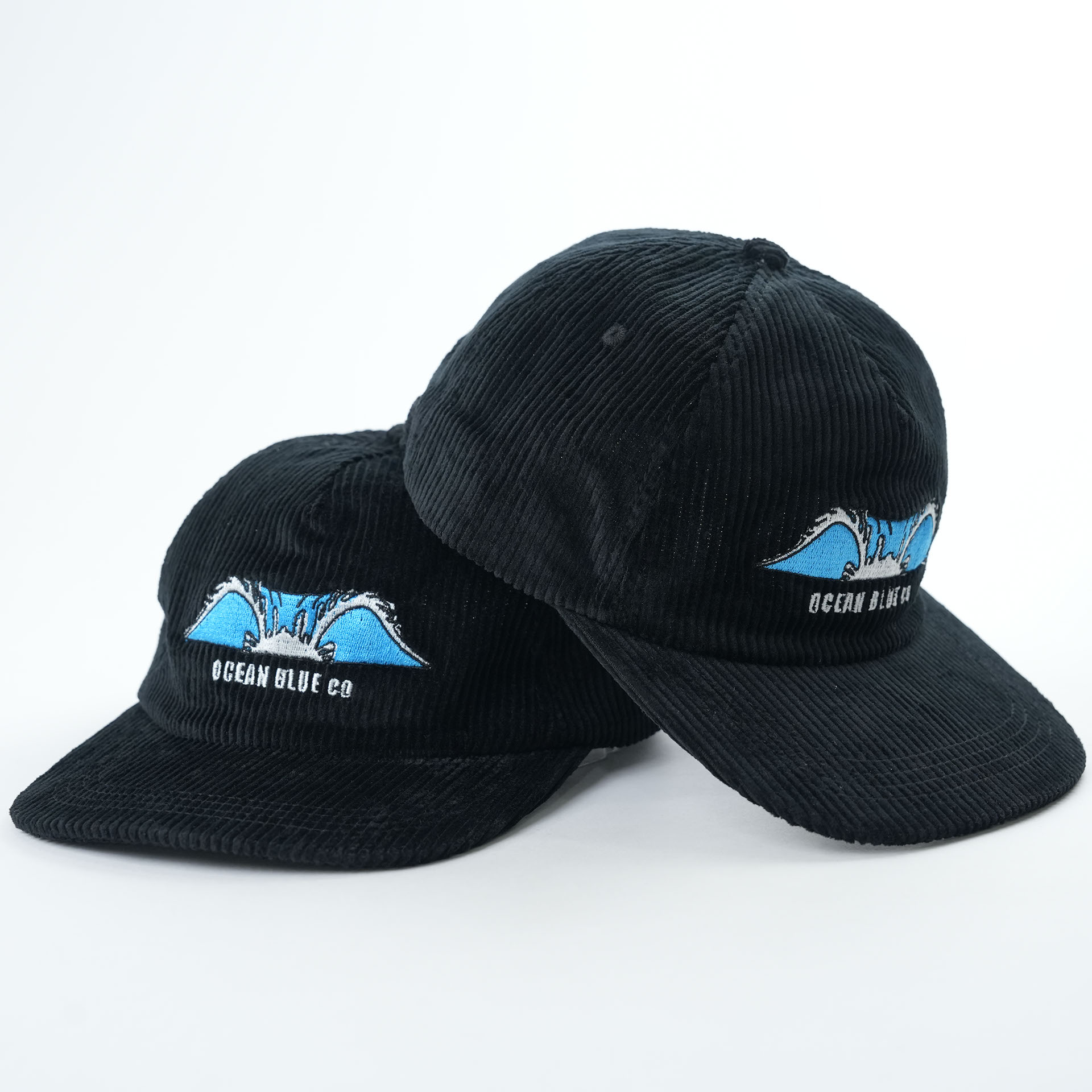 Black Corduroy Ocean Wave Embroidered Five-Panel Snapback Cap