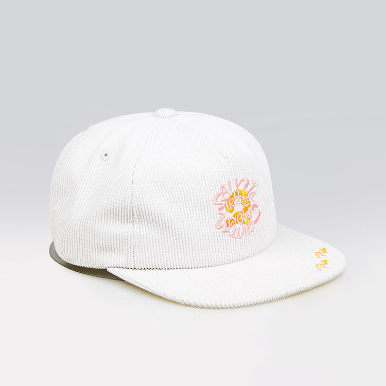 White Corduroy Snapback Cap with Floral Embroidered Logo