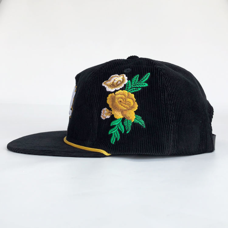 Black Corduroy Rope Trim Script Embroidered Snapback Cap