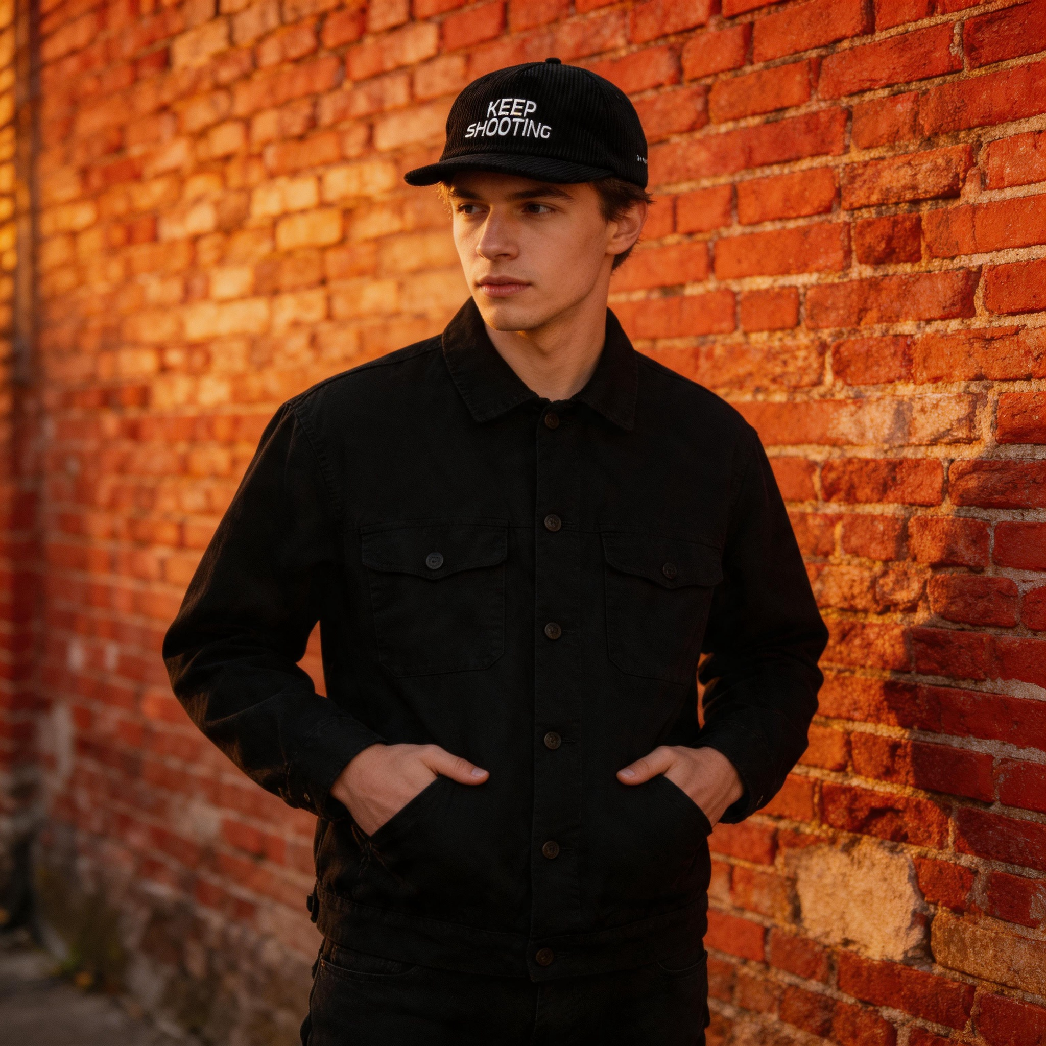 Vintage Corduroy Snapback Cap with Embroidered Keep Shooting Logo