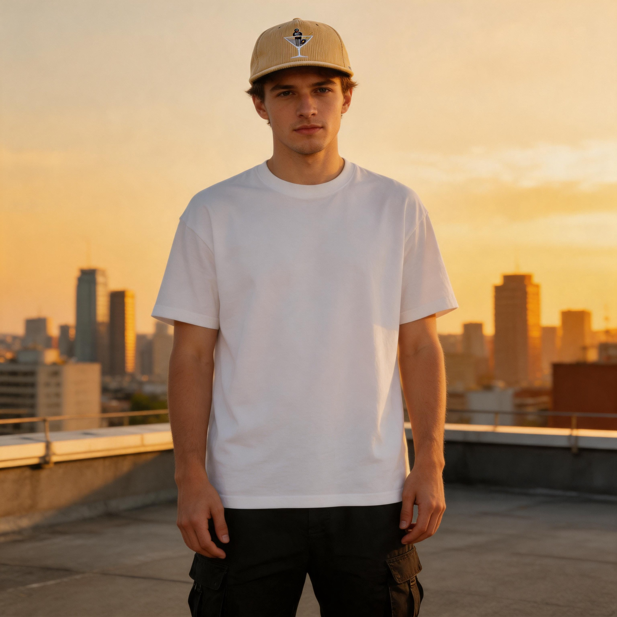 Vintage Beige Corduroy Snapback Cap with Embroidered Cocktail Logo and Flat Brim