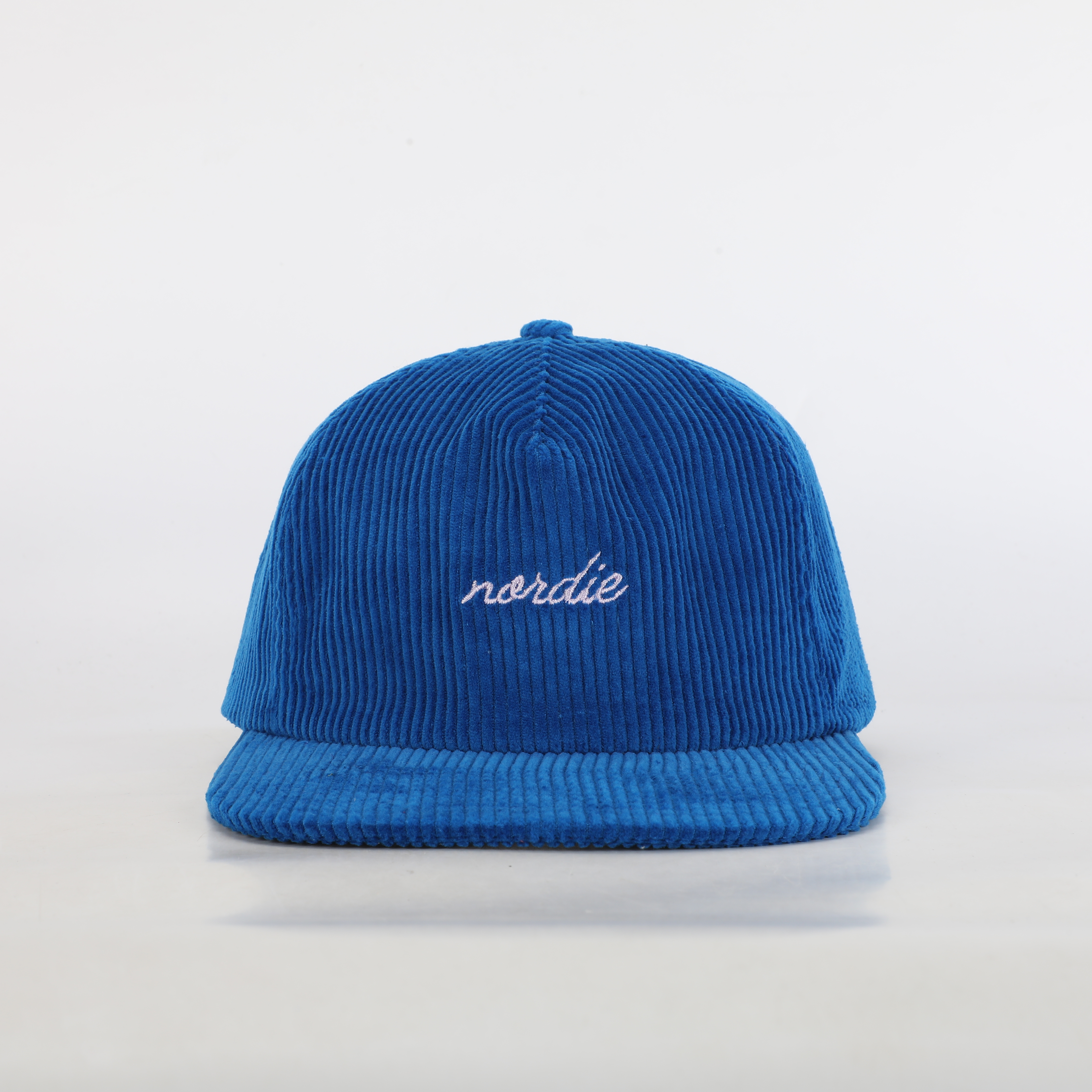 Magenta Blue Corduroy Flat Brim Snapback Caps with Script Embroidery