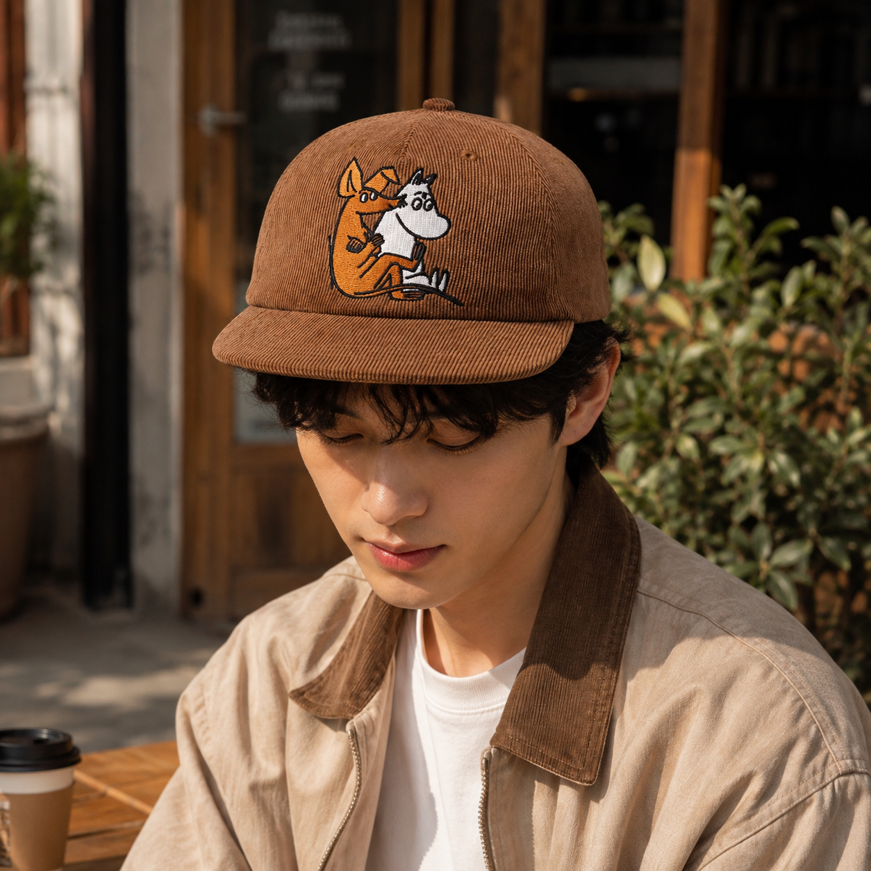 Brown Corduroy Cartoon Duo Embroidered Flat-Brim Snapback Cap