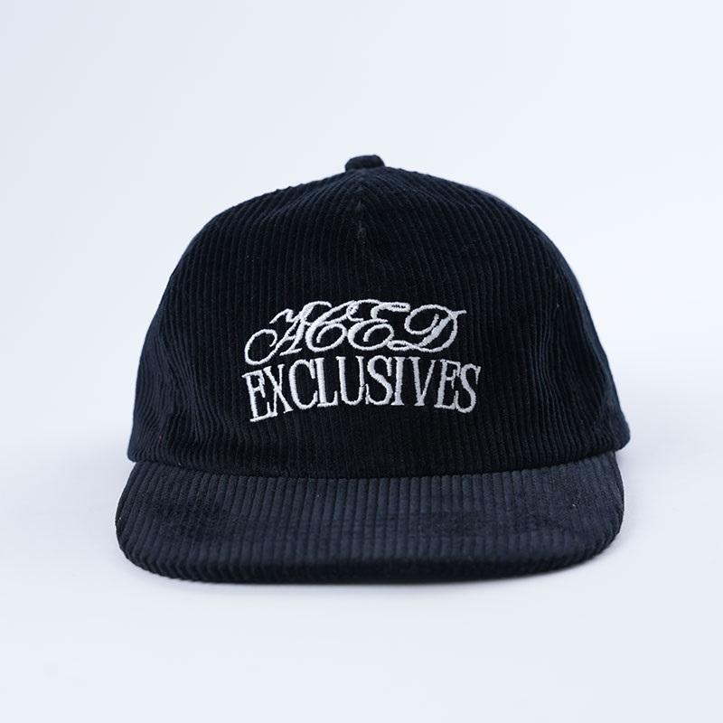 Black Corduroy Five-Panel Script Embroidery Snapback Cap