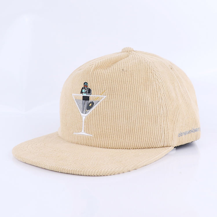 Vintage Beige Corduroy Snapback Cap with Embroidered Cocktail Logo and Flat Brim