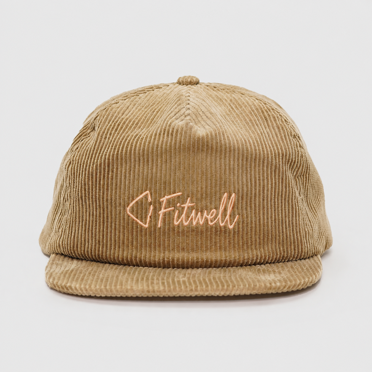 Khaki Corduroy Soft-Front 5-Panel Snapback Cap with Embroidered Script Logo and Flat Brim – Unisex Vintage Streetwear Hat