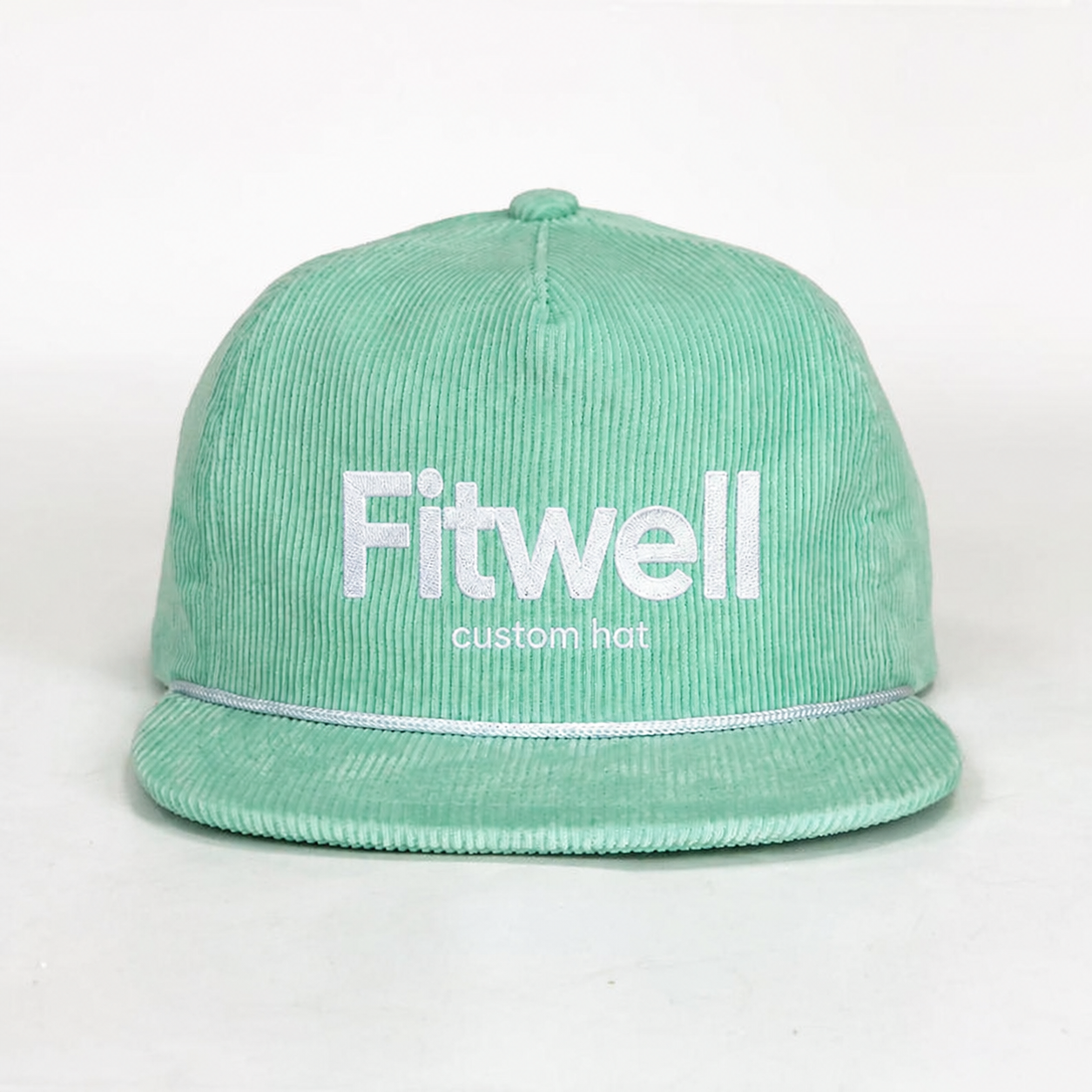 Mint Green Corduroy Five-Panel Rope Snapback Cap with White Embroidered Logo
