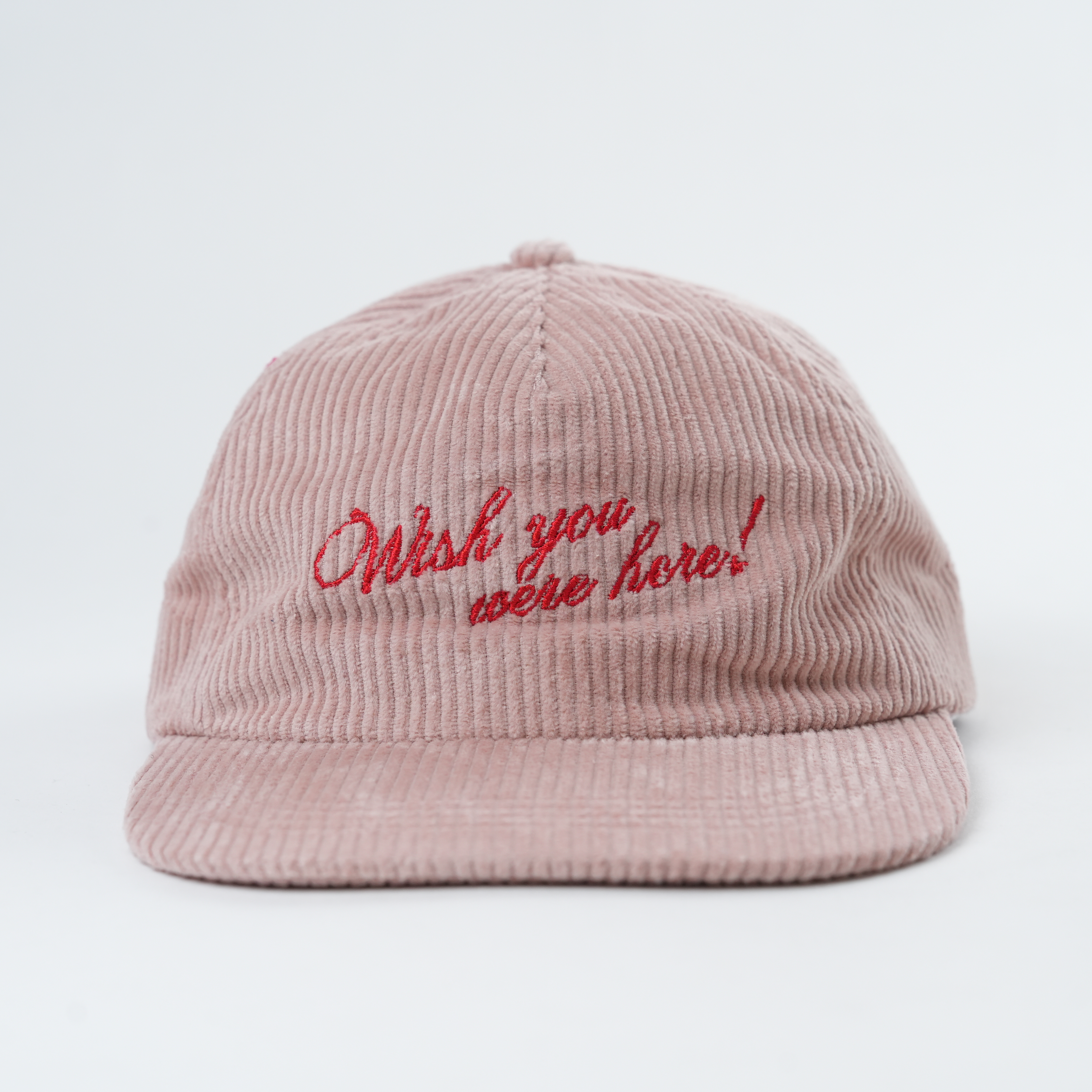 Pink Corduroy Five Panel Cap with Red Wish You Were Here Embroidery
