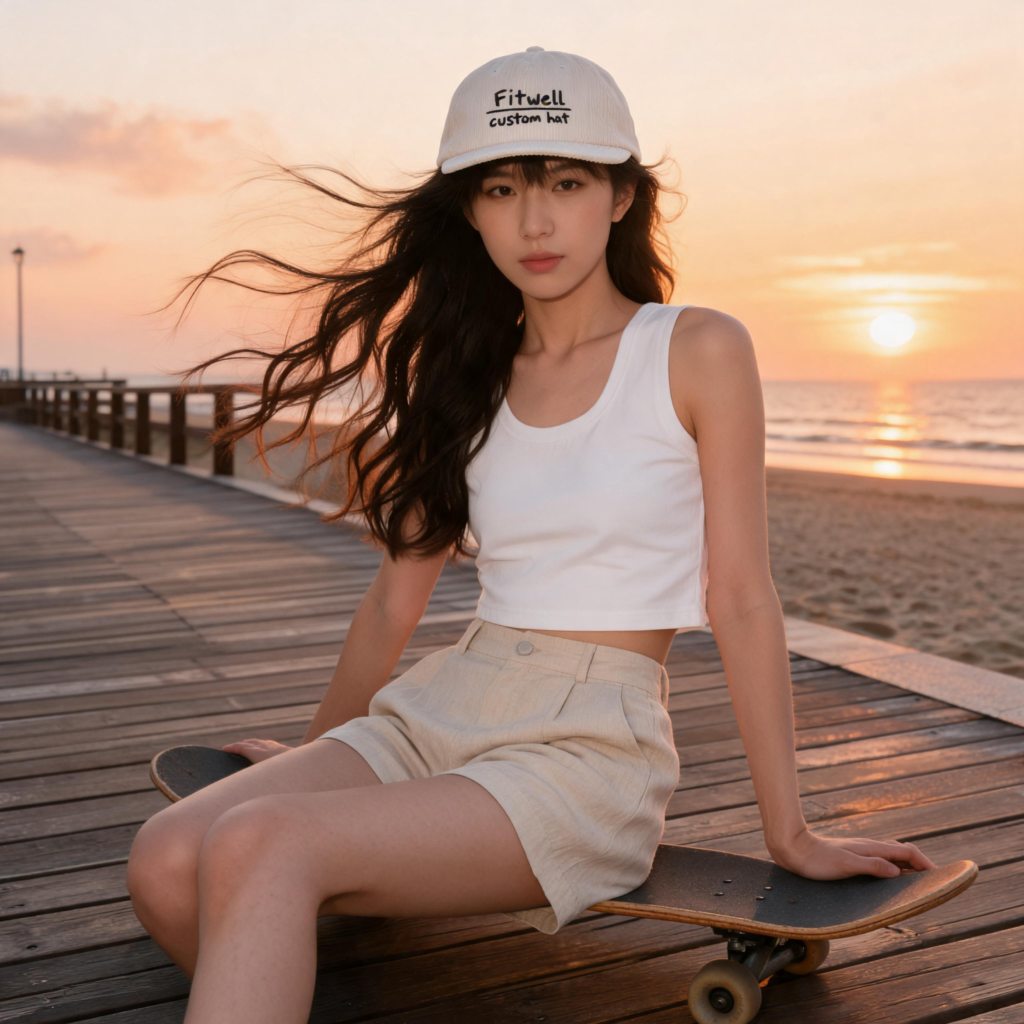 White Corduroy Snapback Cap with Minimalist Embroidered Logo and Flat Brim Design
