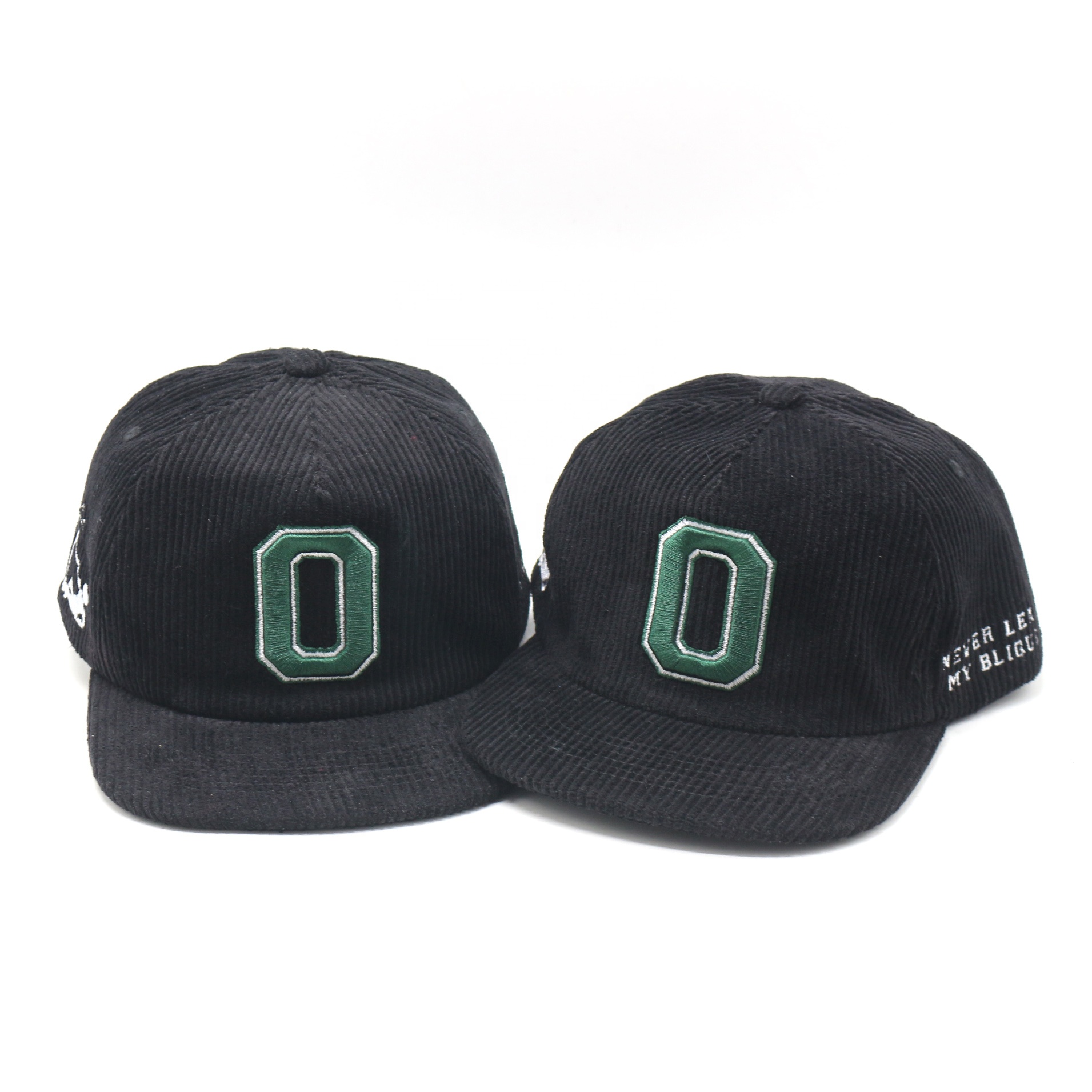 Black Corduroy Flat Brim Snapback Cap with Embroidered Front Logo