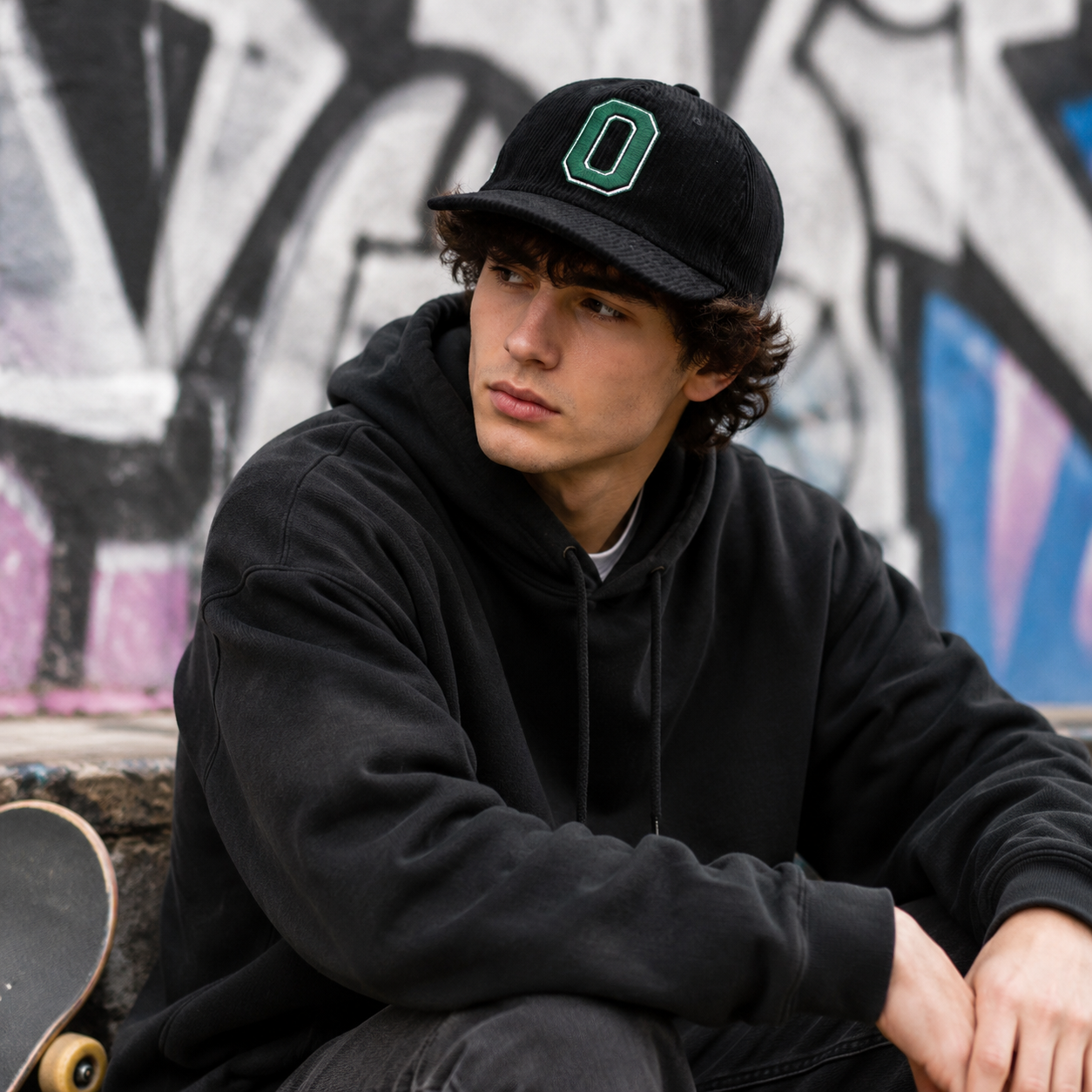 Black Corduroy Flat Brim Snapback Cap with Embroidered Front Logo