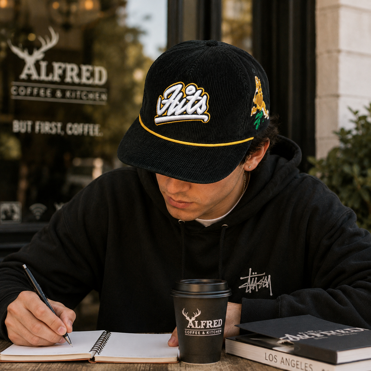 Black Corduroy Rope Trim Script Embroidered Snapback Cap