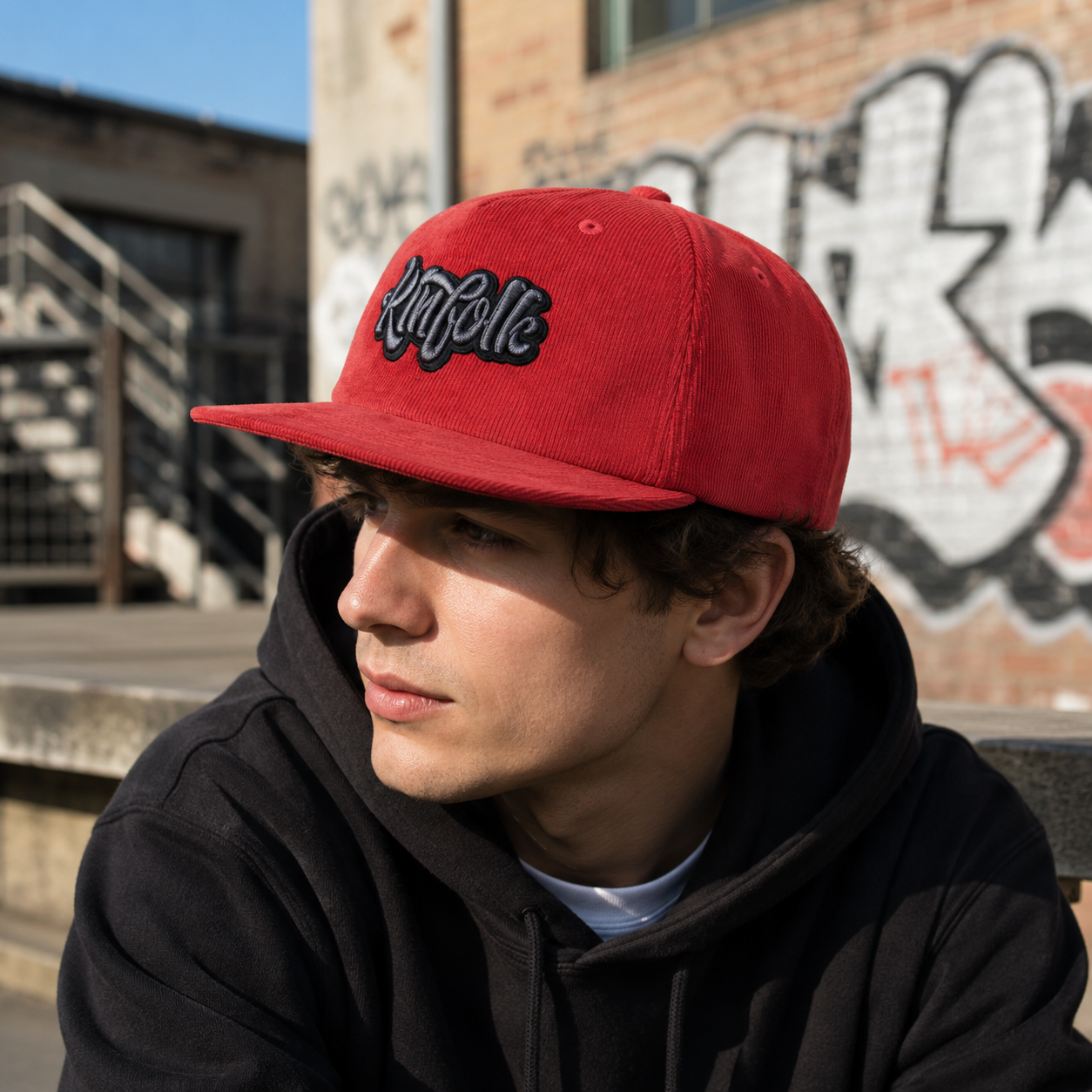 Red Kinfolk Script Embroidered Corduroy Five-Panel Snapback Cap