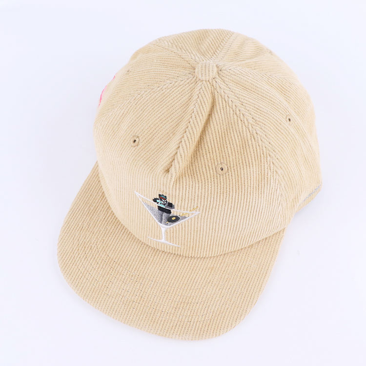 Vintage Beige Corduroy Snapback Cap with Embroidered Cocktail Logo and Flat Brim