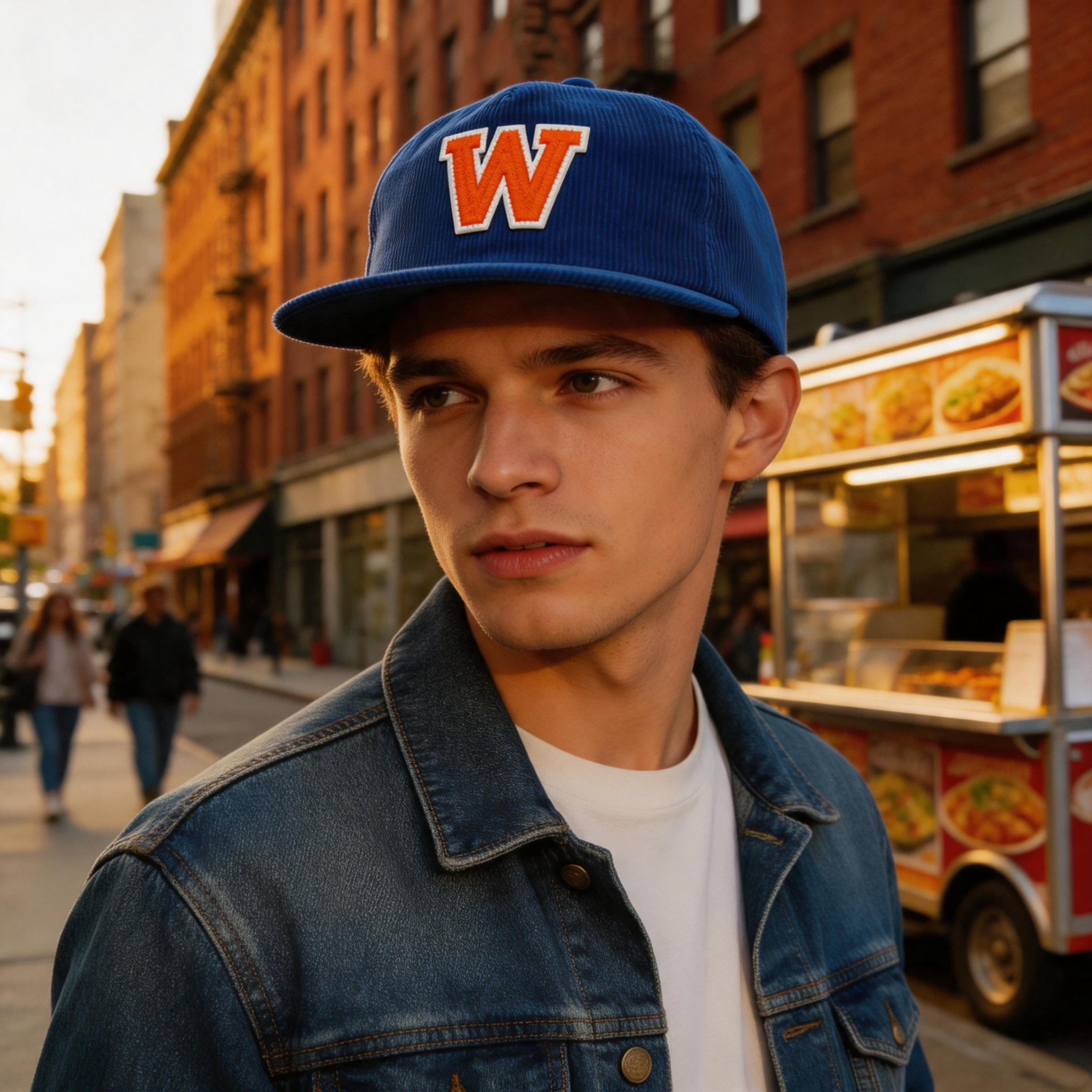 Classic Blue Corduroy Flat Brim Snapback Cap with Embroidered Front Logo
