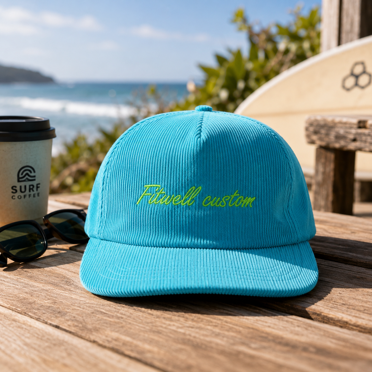 Turquoise Corduroy Five-Panel Cap with Lime Slogan Embroidery