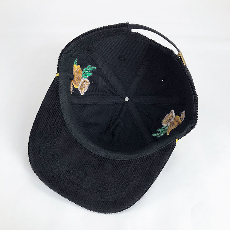 Black Corduroy Rope Trim Script Embroidered Snapback Cap