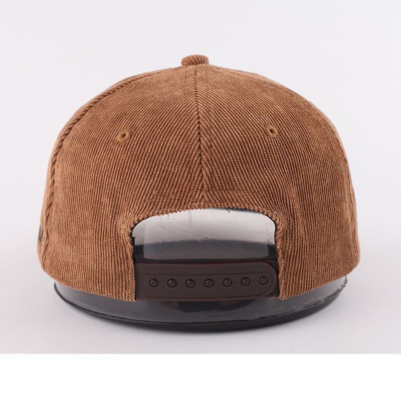 Brown Corduroy Cartoon Duo Embroidered Flat-Brim Snapback Cap