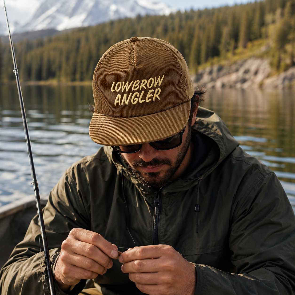 Brown Corduroy 5-Panel Snapback Cap with LOWBROW ANGLER Embroidery, Soft Crown & Flat Brim