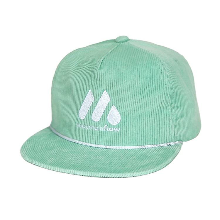 Mint Green Corduroy Five-Panel Rope Snapback Cap with White Embroidered Logo