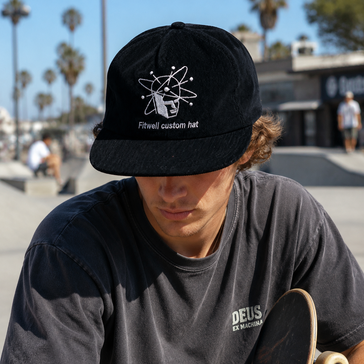 Vintage Black Corduroy Snapback Cap with Embroidered Graphic Logo, Adjustable Flat Brim Streetwear Hat