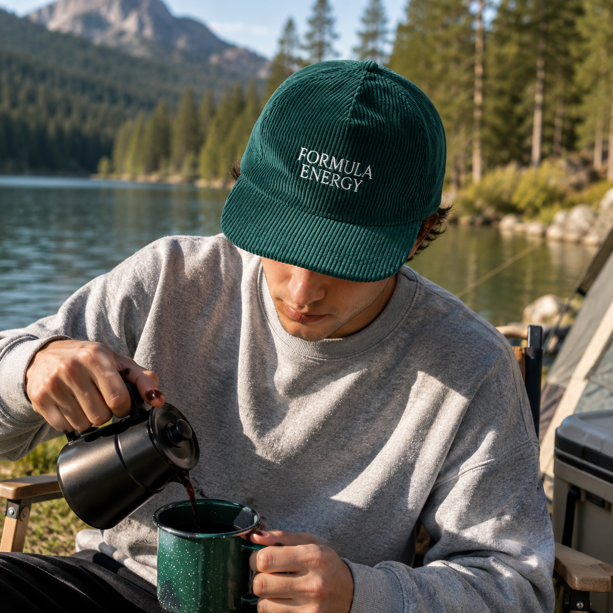 Dark Green Corduroy Five-Panel Cap with White Text Embroidery