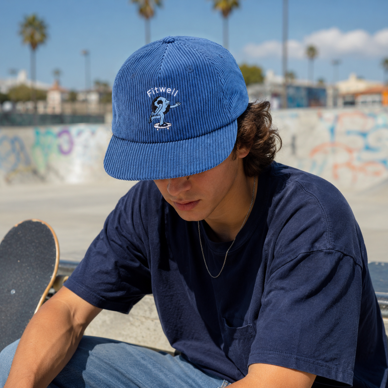 Blue Corduroy Snapback Cap with Embroidered Skateboard Character Logo