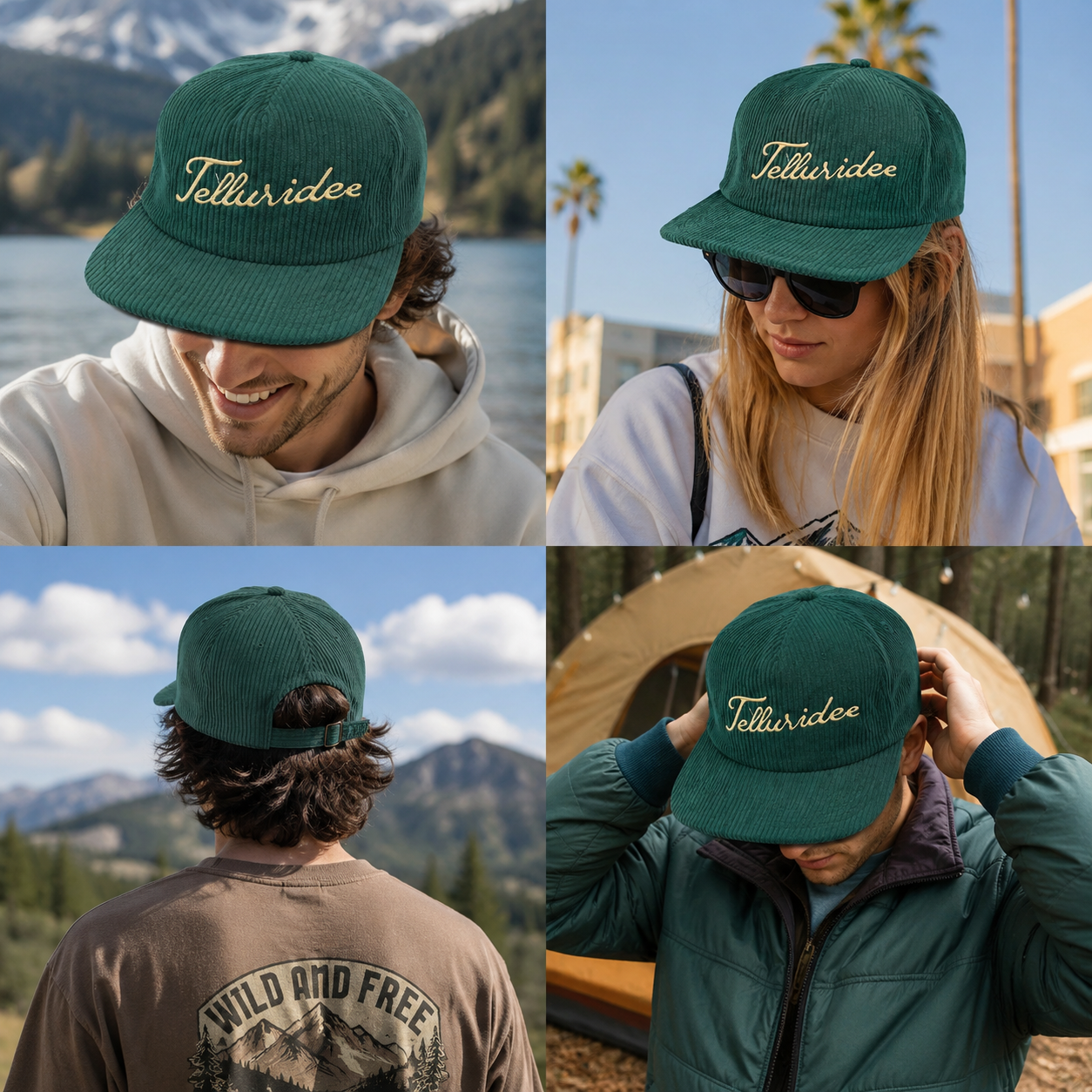 Teal Green Corduroy Flat Brim Script Embroidery Snapback Hat