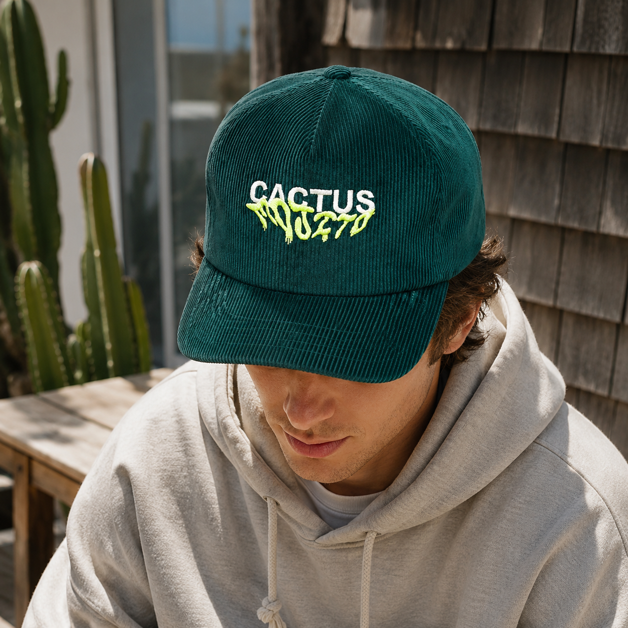 Vintage Teal Corduroy 5-Panel Snapback Hat with Cactus Embroidery