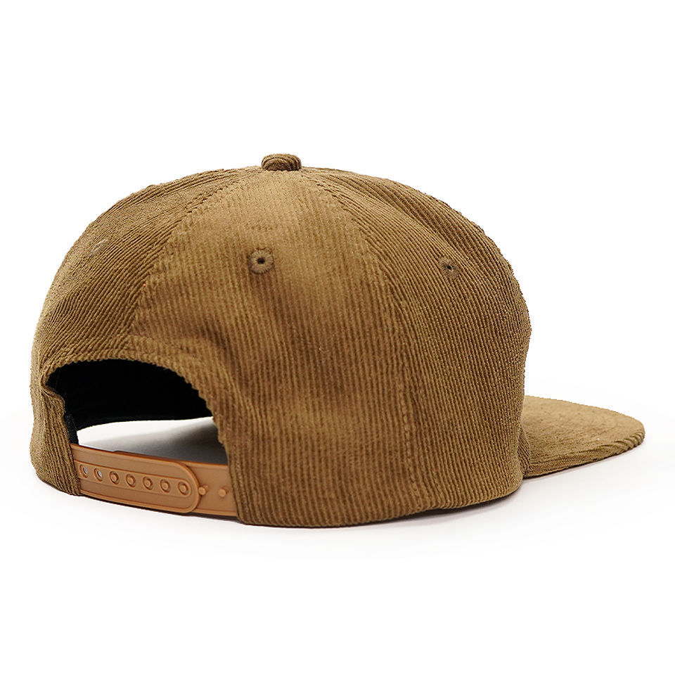 Brown Corduroy 5-Panel Snapback Cap with LOWBROW ANGLER Embroidery, Soft Crown & Flat Brim