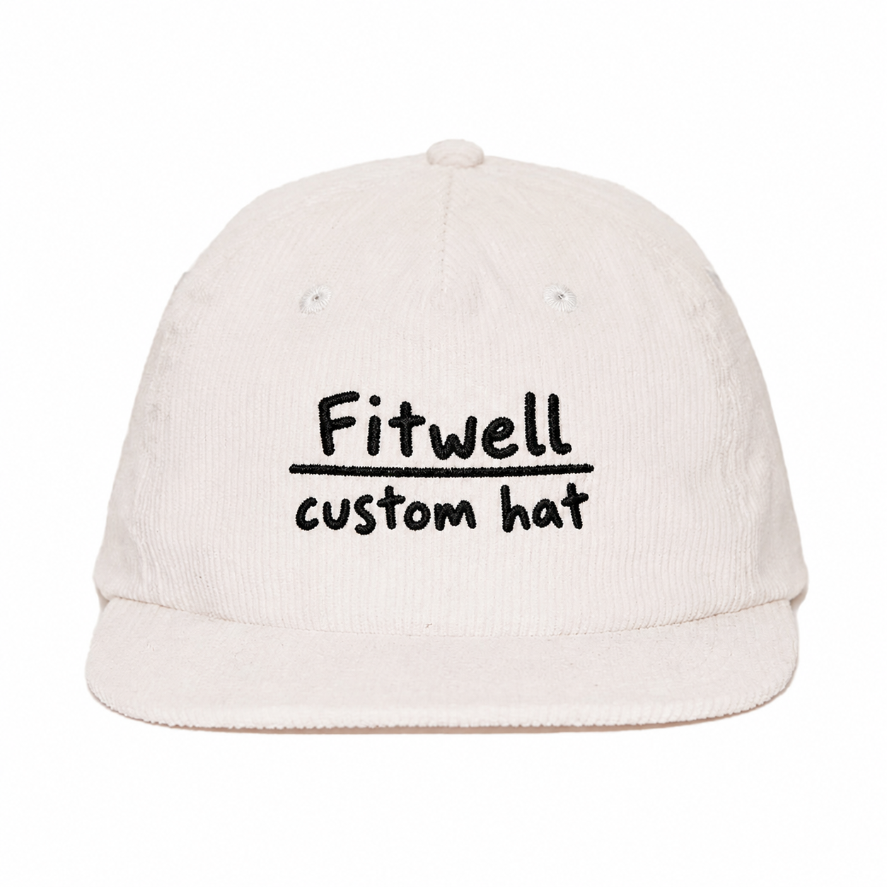 White Corduroy Snapback Cap with Minimalist Embroidered Logo and Flat Brim Design