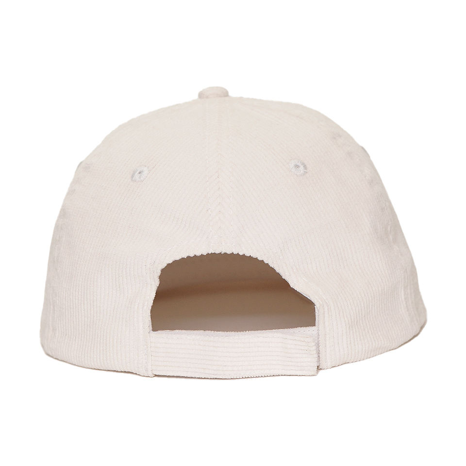 White Corduroy Snapback Cap with Minimalist Embroidered Logo and Flat Brim Design