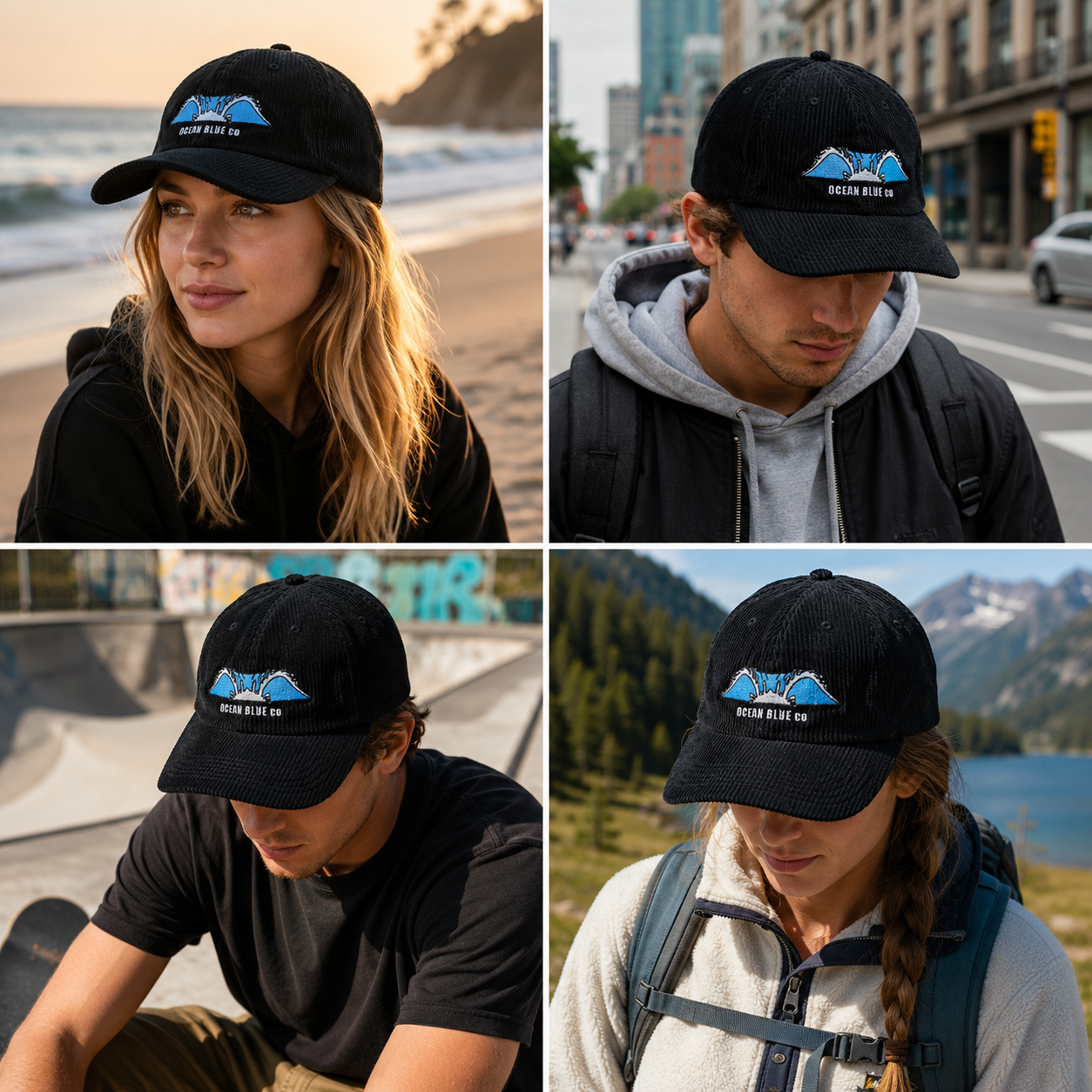Black Corduroy Ocean Wave Embroidered Five-Panel Snapback Cap