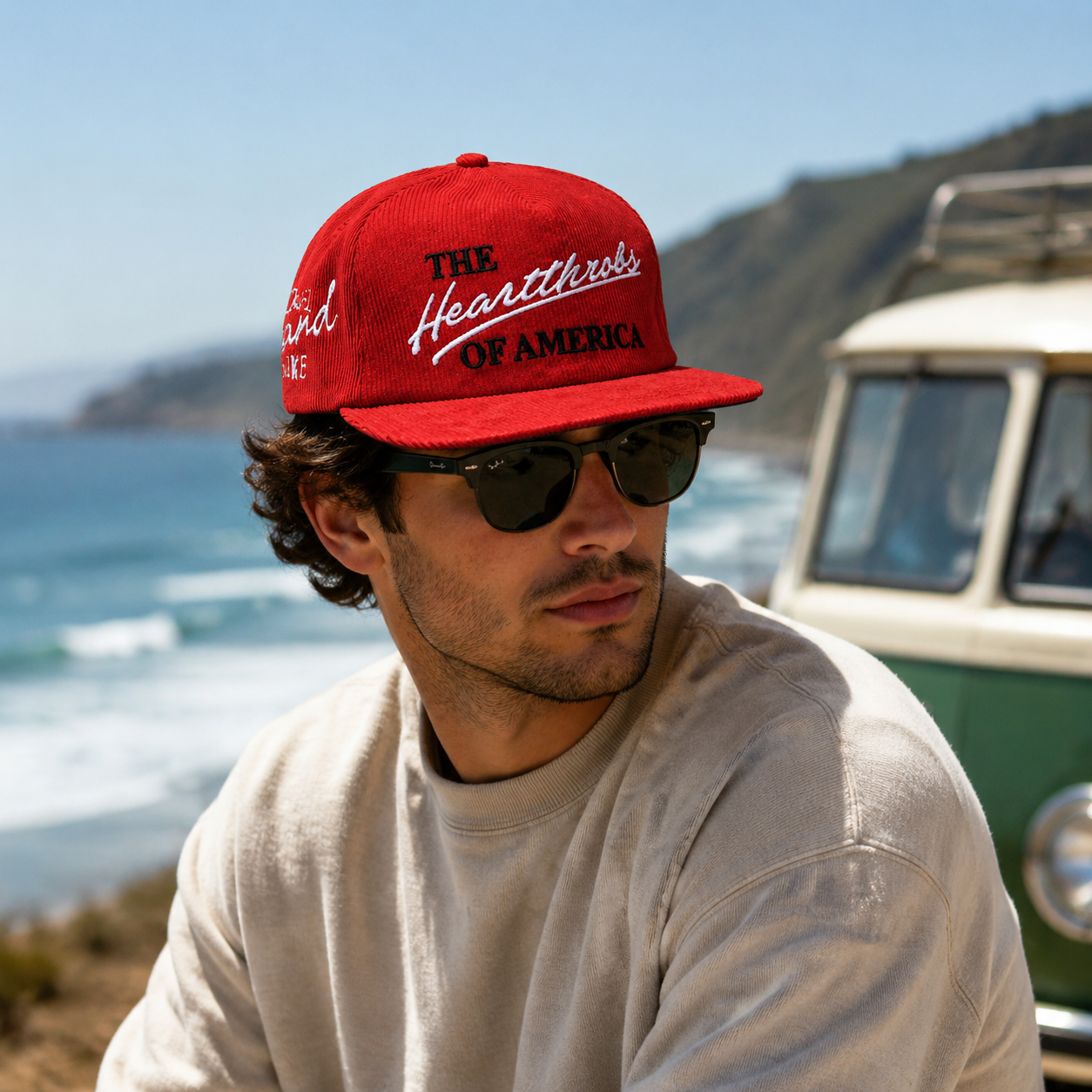 Red Corduroy 5-Panel Snapback Hat with Heartthrobs of America Embroidery