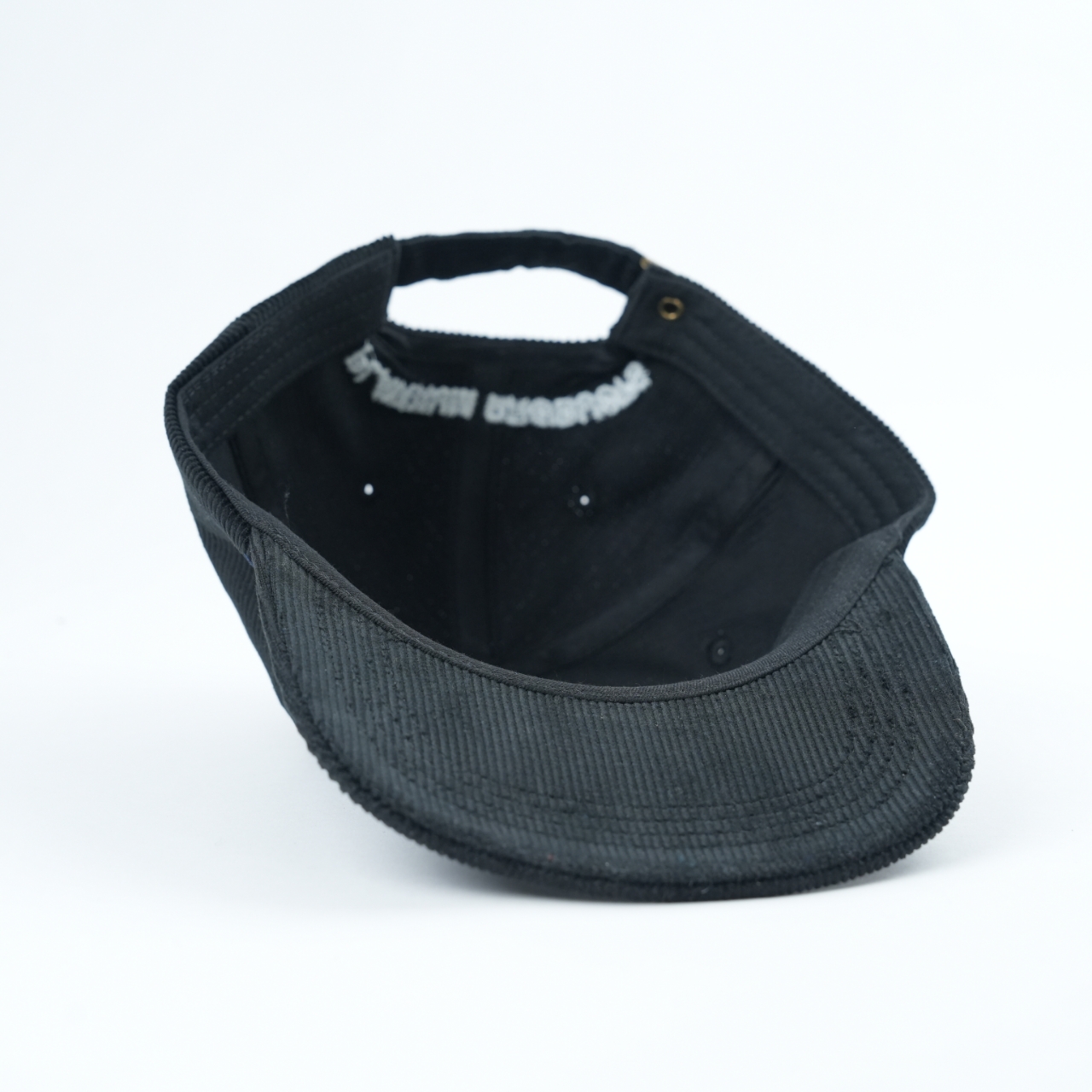 Black Corduroy Five Panel Snapback Cap with Blue and White Geometric Embroidered Logo