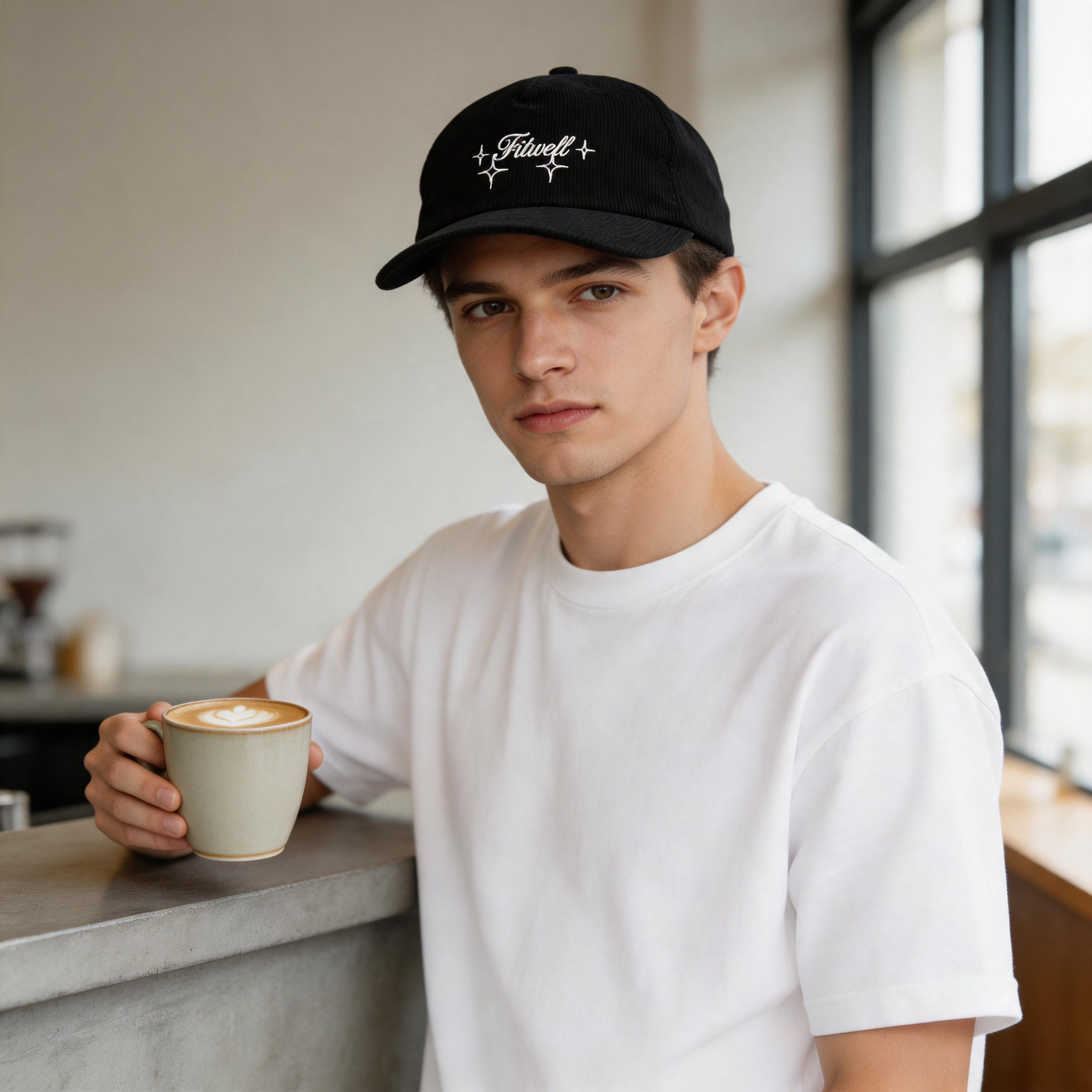 Black Corduroy Snapback Cap with Sparkle Script Embroidered Logo
