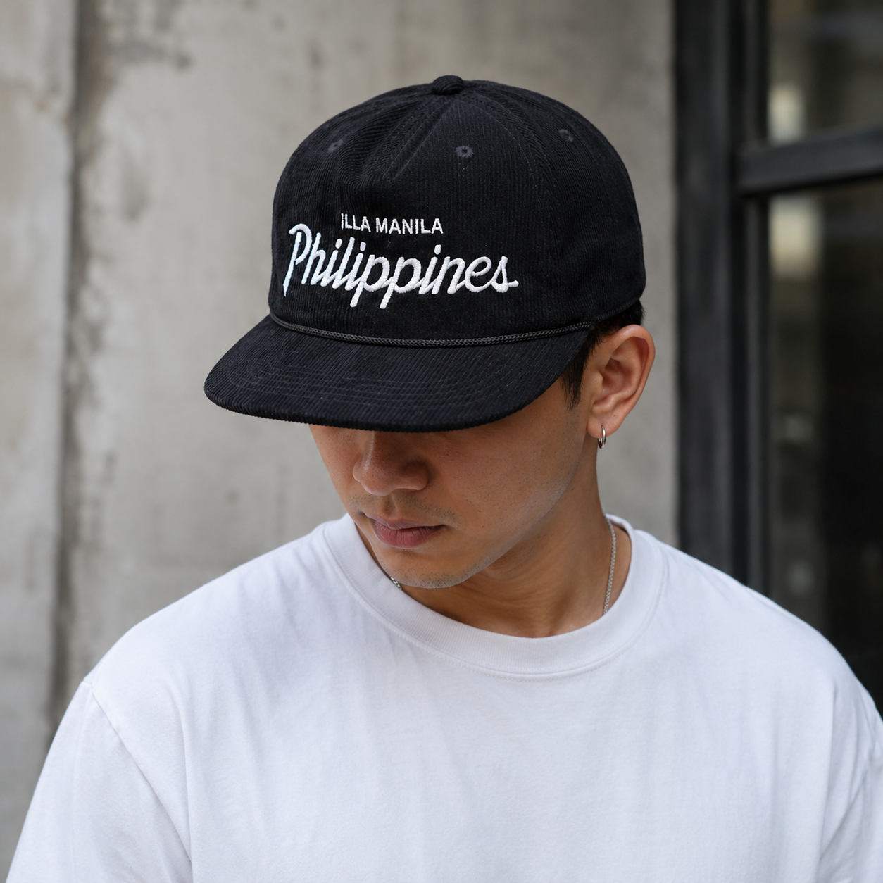 Black ILLA MANILA Philippines Corduroy Rope Snapback Cap
