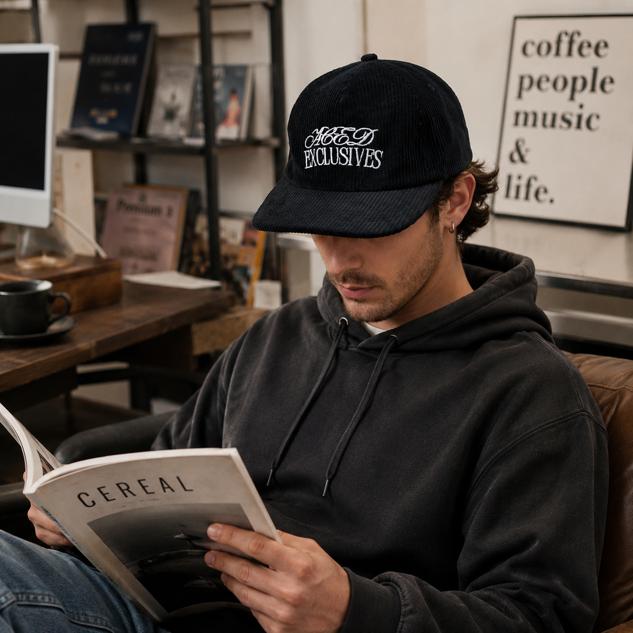 Black Corduroy Five-Panel Script Embroidery Snapback Cap