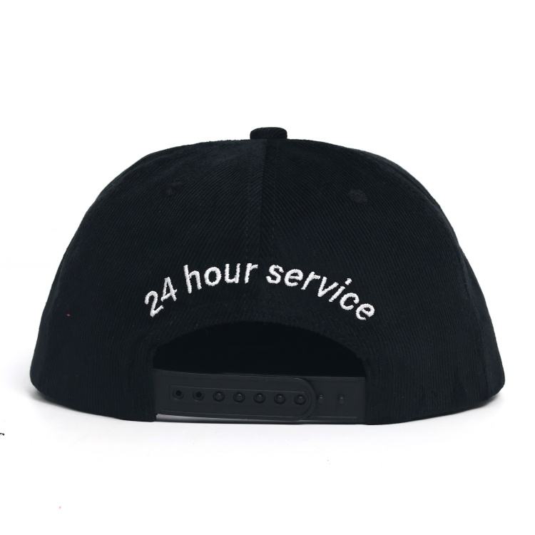 Vintage Black Corduroy Snapback Cap with Embroidered Graphic Logo, Adjustable Flat Brim Streetwear Hat