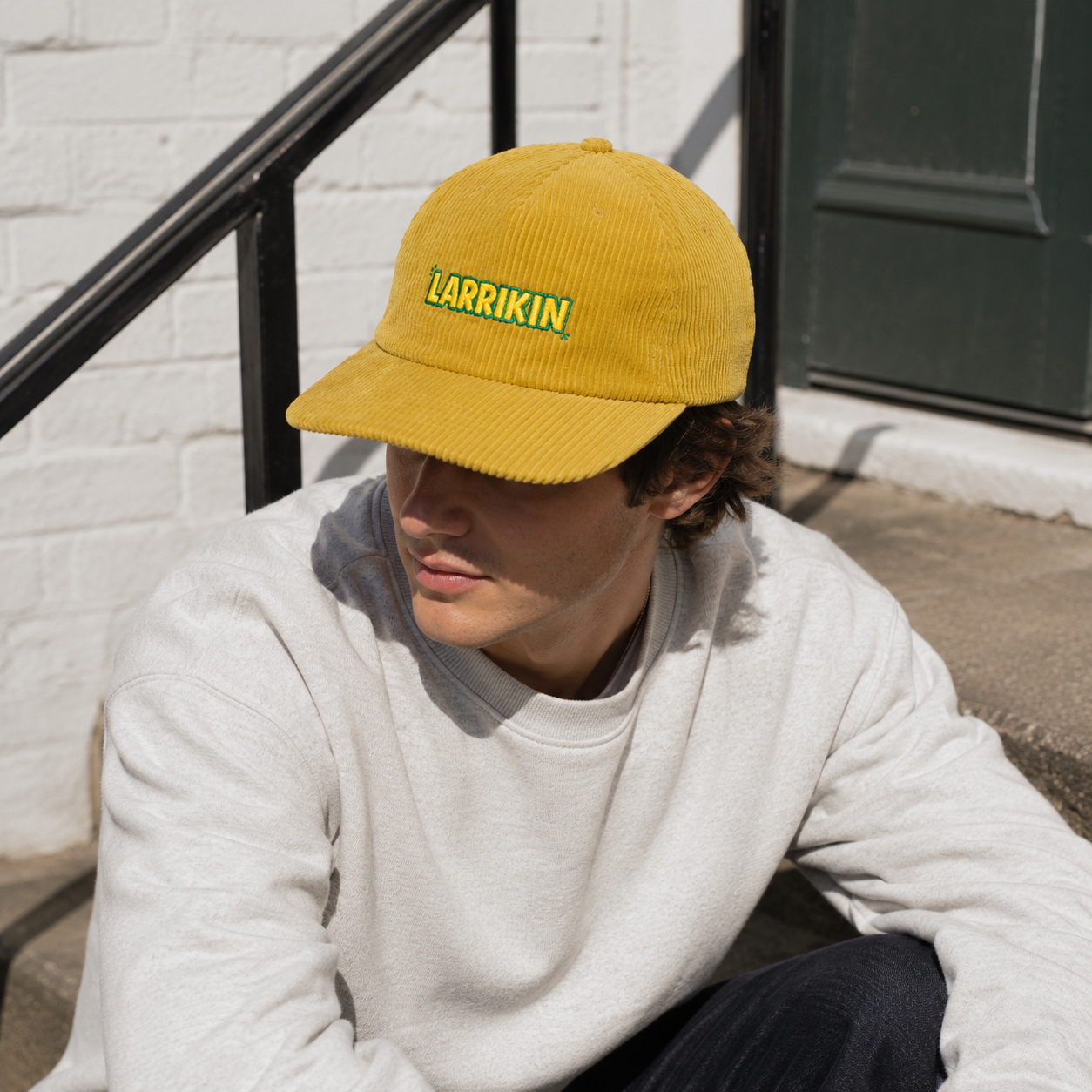 Mustard Yellow Corduroy Five-Panel Cap with Front Embroidered Lettering