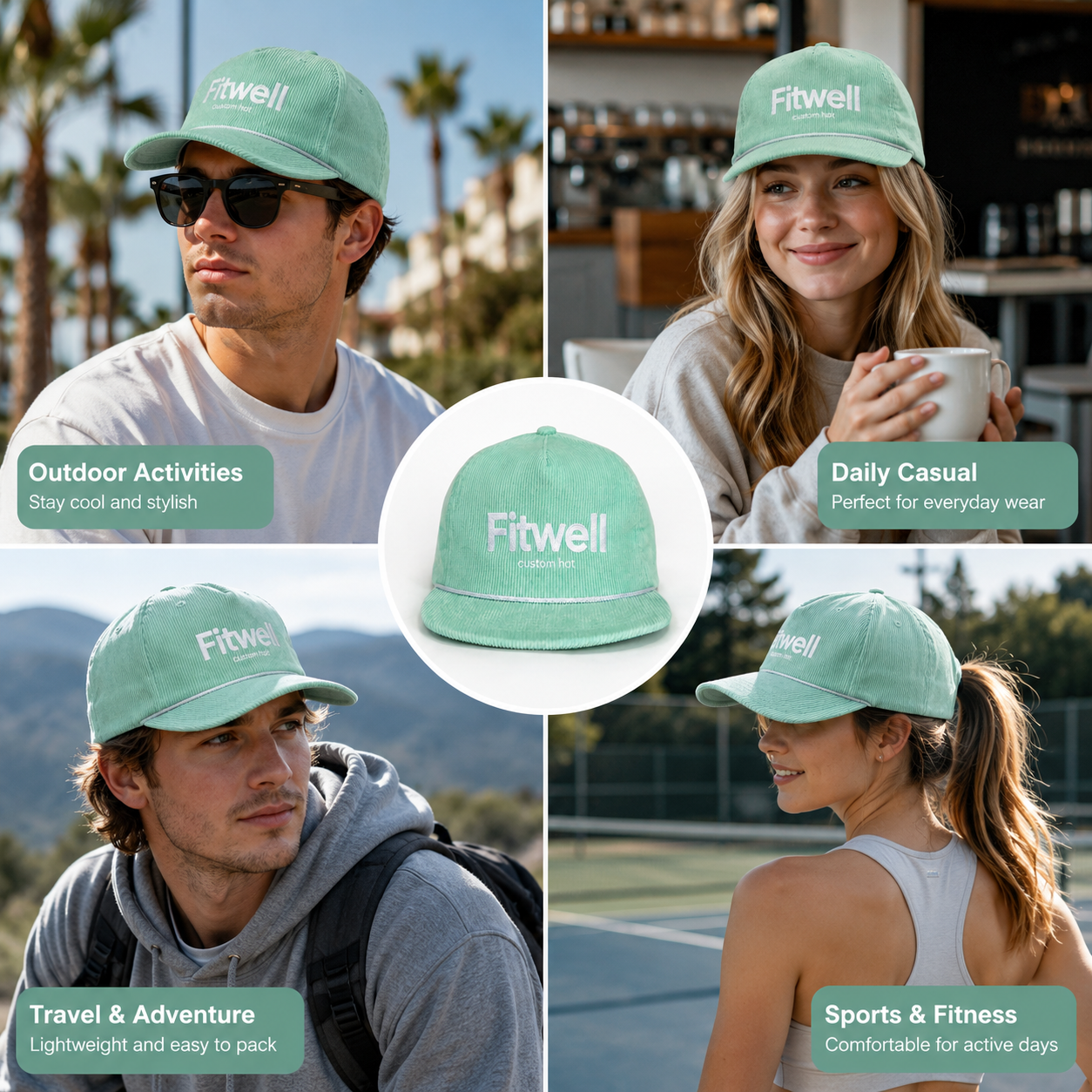 Mint Green Corduroy Five-Panel Rope Snapback Cap with White Embroidered Logo