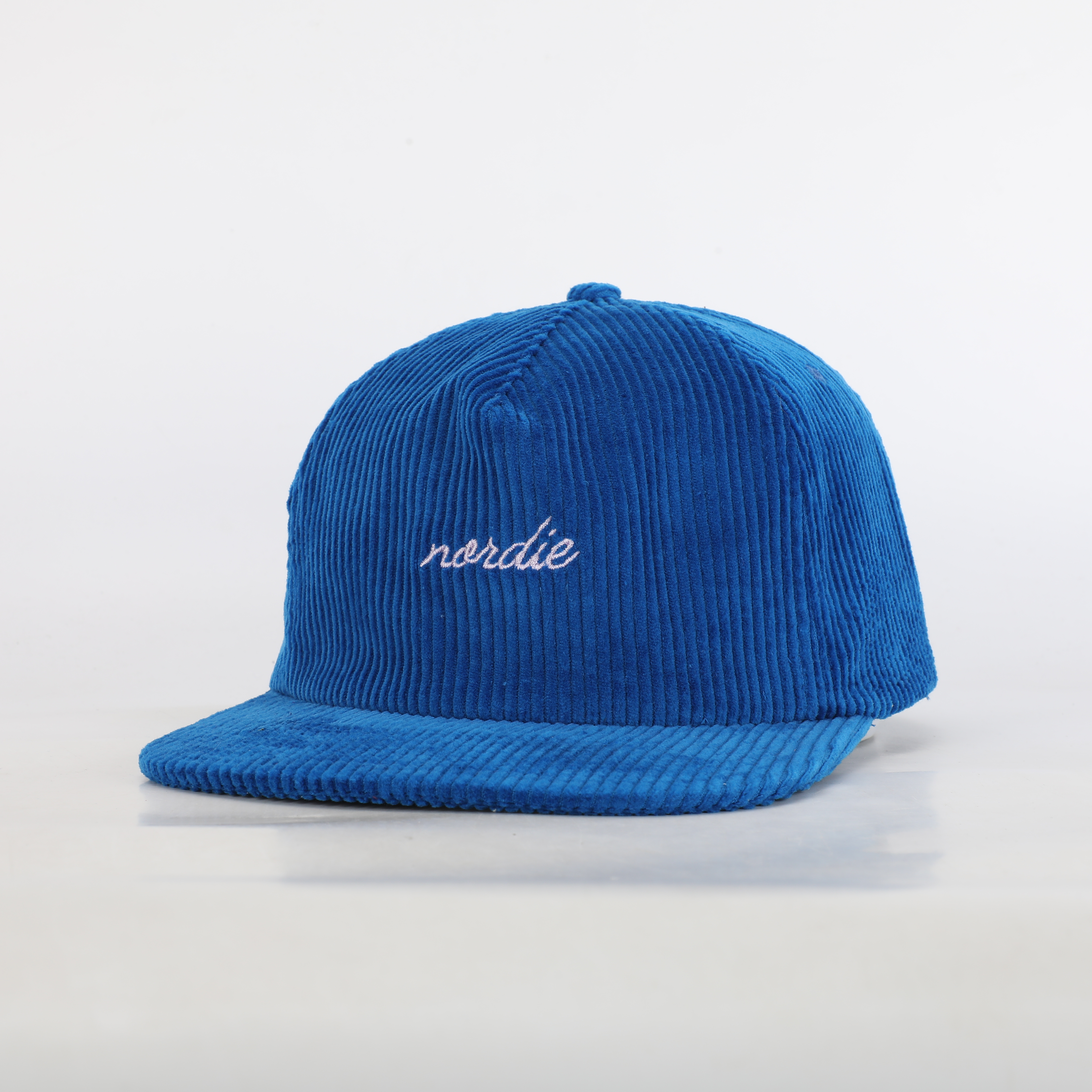 Magenta Blue Corduroy Flat Brim Snapback Caps with Script Embroidery