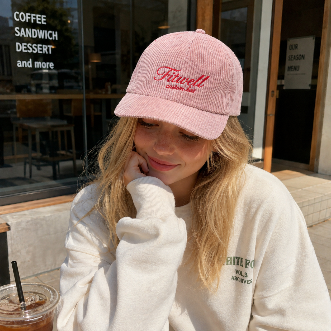 Pink Corduroy Five Panel Cap with Red Wish You Were Here Embroidery