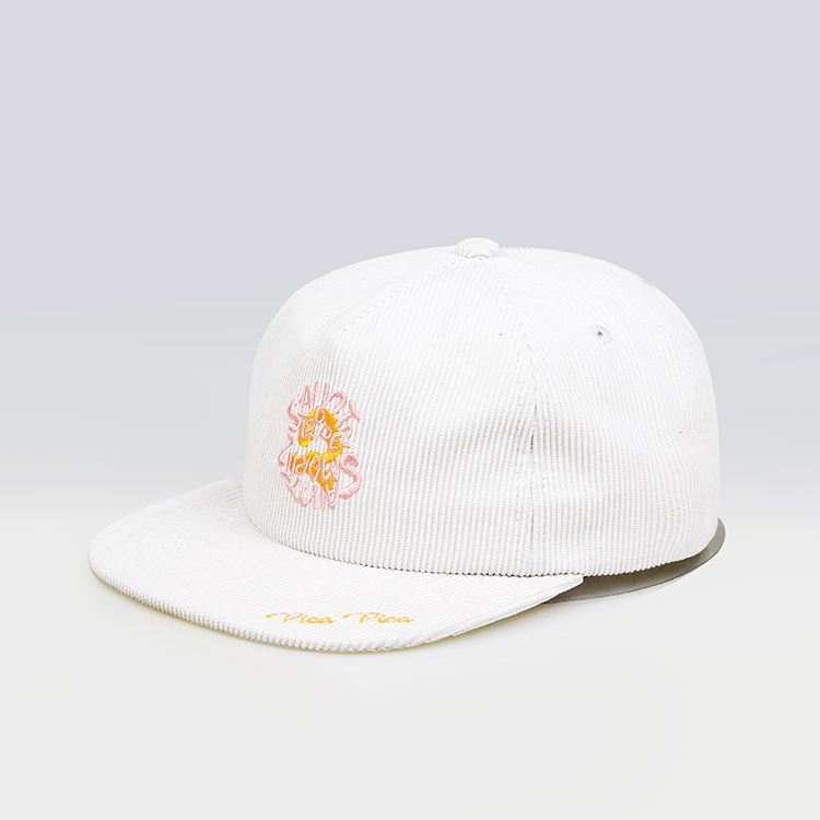 White Corduroy Snapback Cap with Floral Embroidered Logo