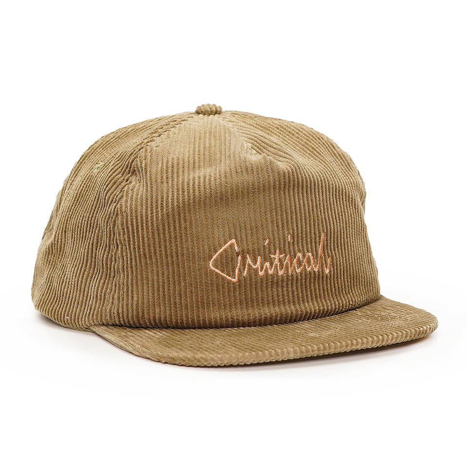 Khaki Corduroy Soft-Front 5-Panel Snapback Cap with Embroidered Script Logo and Flat Brim – Unisex Vintage Streetwear Hat