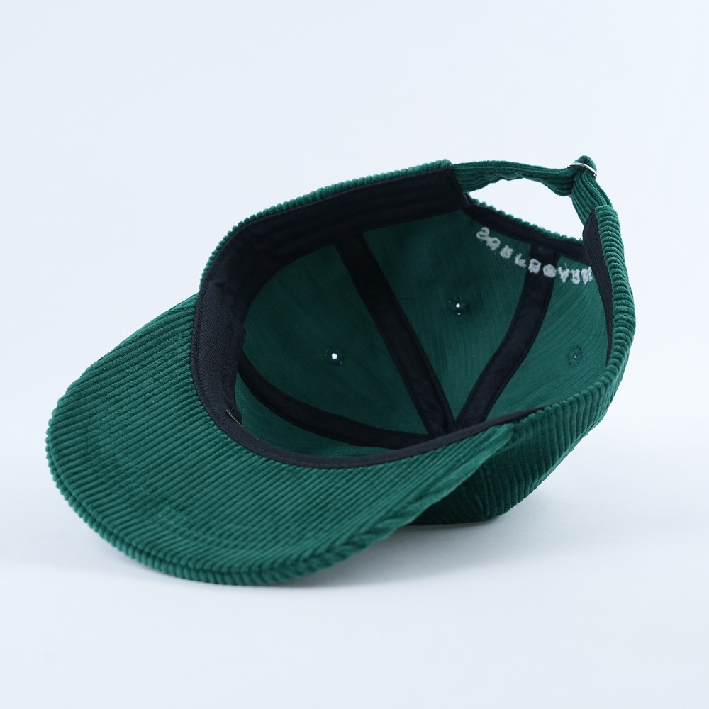 Dark Green Corduroy Five-Panel Cap with White Text Embroidery