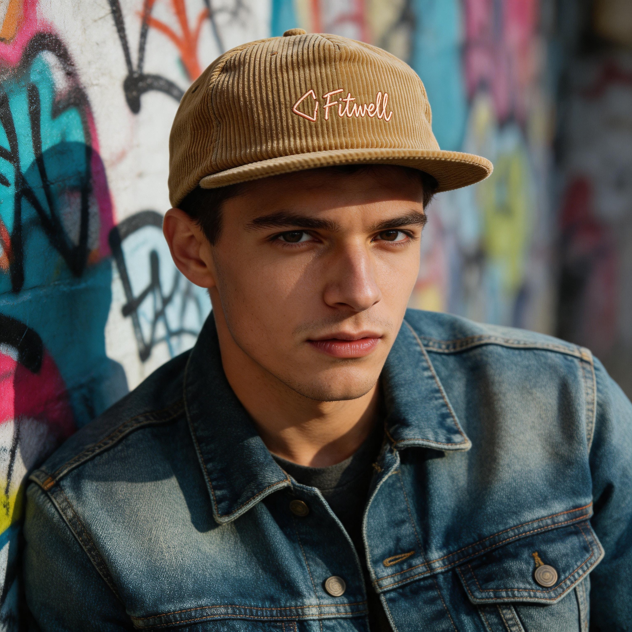 Khaki Corduroy Soft-Front 5-Panel Snapback Cap with Embroidered Script Logo and Flat Brim – Unisex Vintage Streetwear Hat