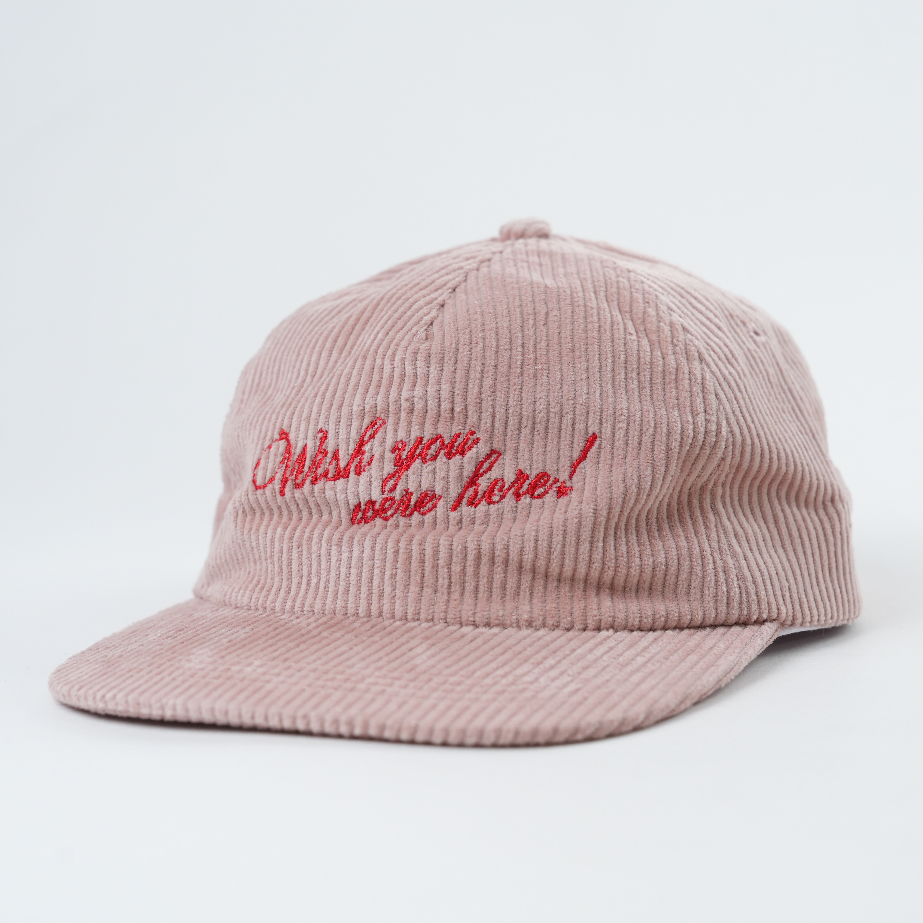 Pink Corduroy Five Panel Cap with Red Wish You Were Here Embroidery